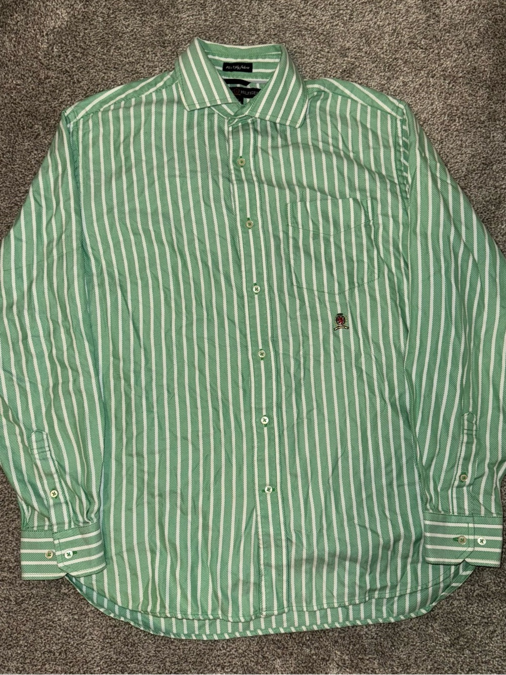 Vintage Tommy Hilfiger Green and White Striped Button-Down Shirt 2005
